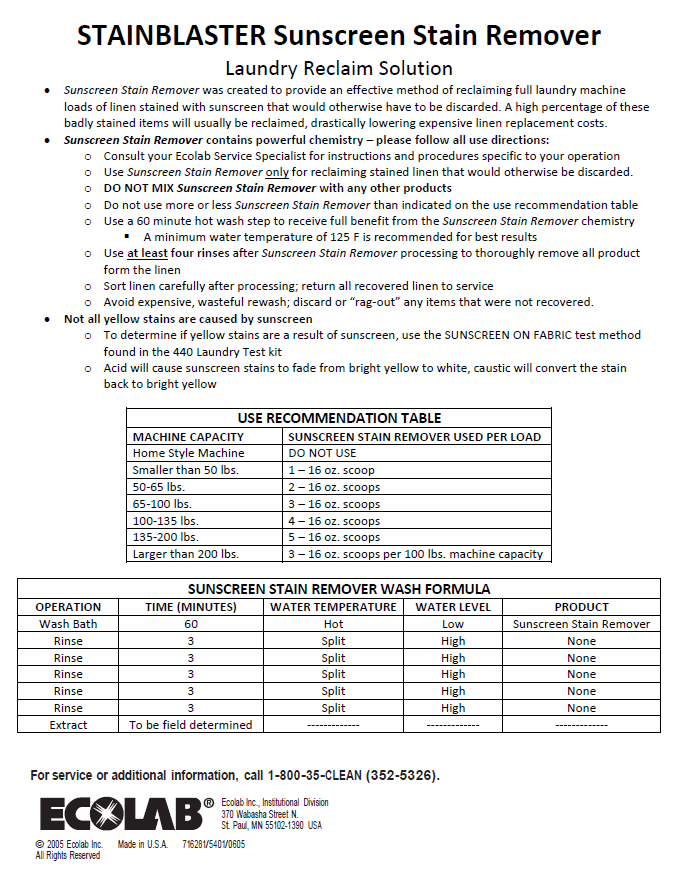 StainBlaster Sunscreen Stain Remover Reclaim Solution Instruction Sheet